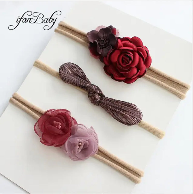 Boutique Kids Girl Flower Headband Nylon Headband Elastic Strench Headwear 3Pcs a Set