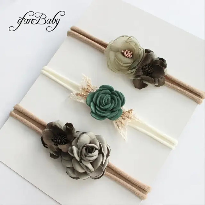 Boutique Kids Girl Flower Headband Nylon Headband Elastic Strench Headwear 3Pcs a Set