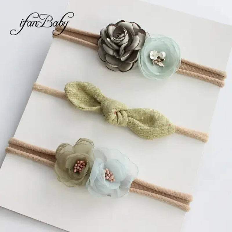 Boutique Kids Girl Flower Headband Nylon Headband Elastic Strench Headwear 3Pcs a Set