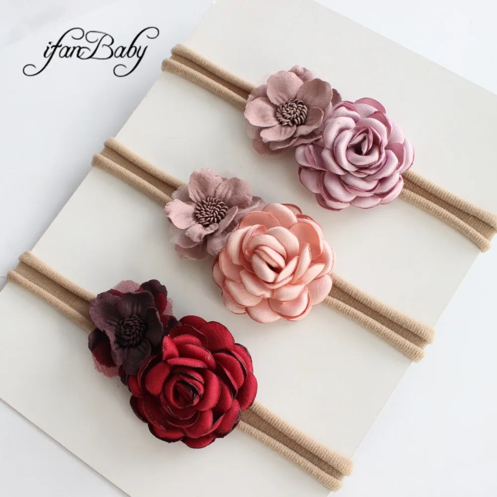 Boutique Kids Girl Flower Headband Nylon Headband Elastic Strench Headwear 3Pcs a Set