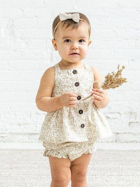Baby Birdie Linen Ruffle Tank Set - Velma Floral / Latte