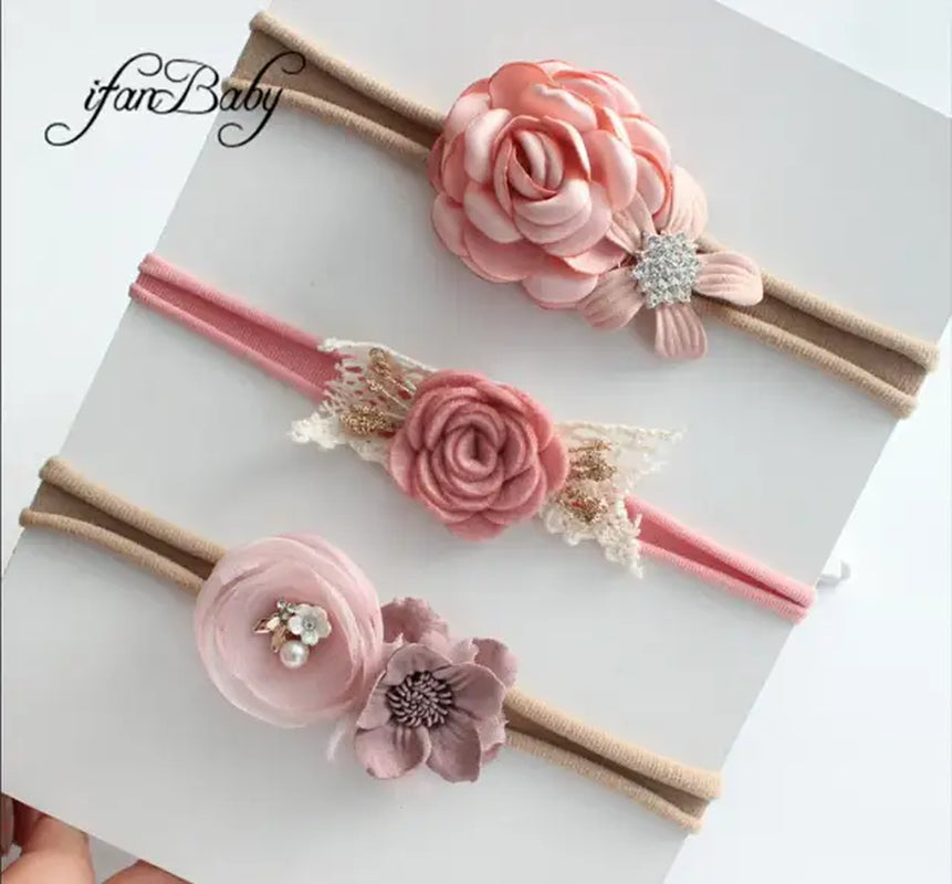 Boutique Kids Girl Flower Headband Nylon Headband Elastic Strench Headwear 3Pcs a Set