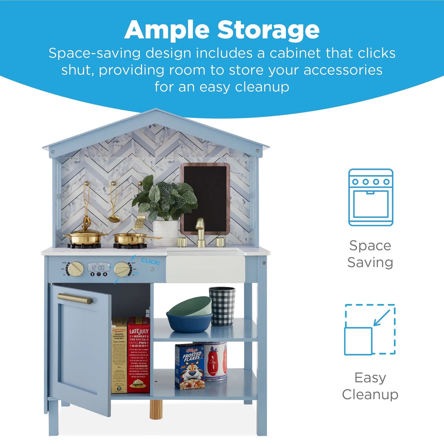 Farmhouse Play Kitchen Toy for Kids W/ Chalkboard, Storage Shelves, 5 Accessories - Beveled Blue