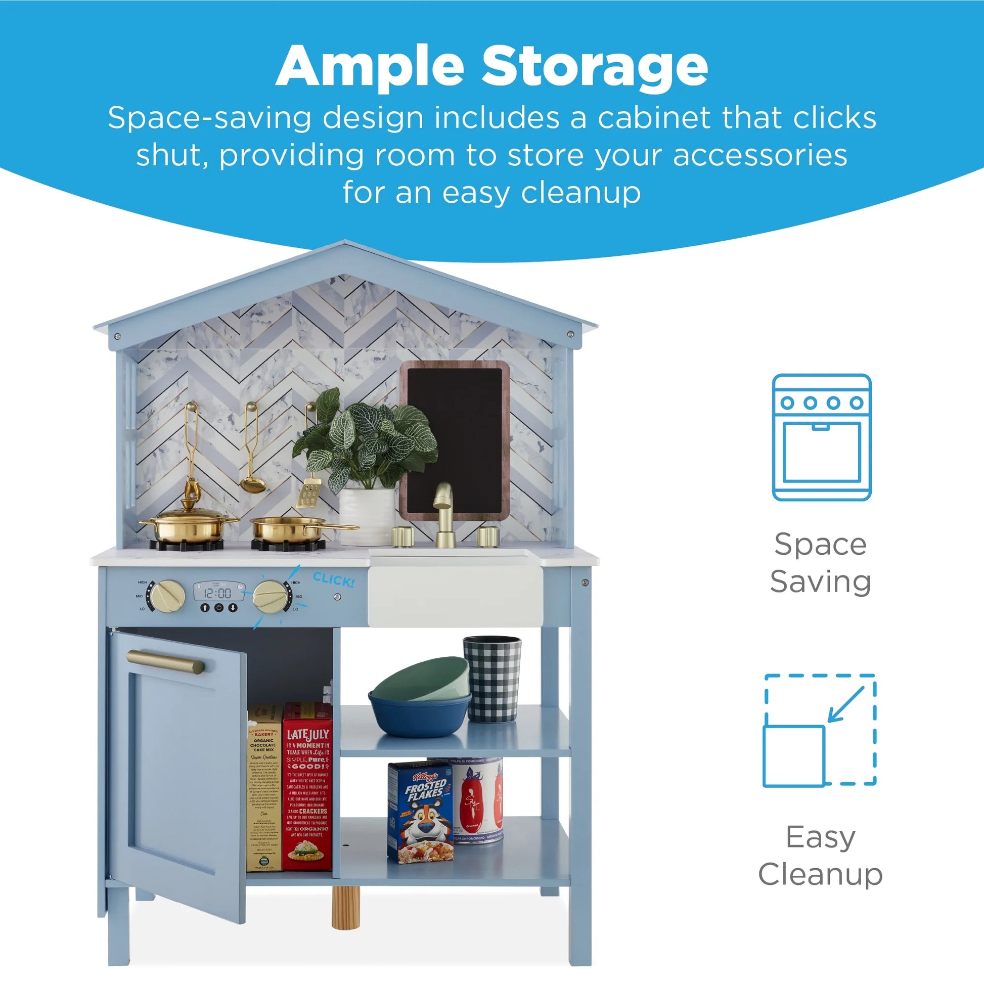 Farmhouse Play Kitchen Toy for Kids W/ Chalkboard, Storage Shelves, 5 Accessories - Beveled Blue