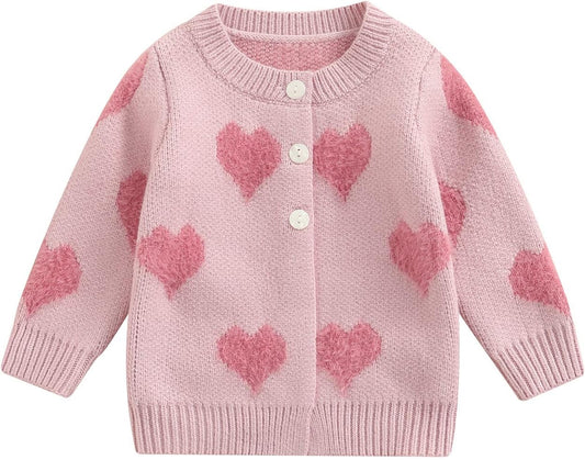 Toddler Baby Girls Winter Coat Pompom Button Knit Sweater Cardigan Kids Long Sleeve Warm Jacket Outerwear (Heart, 6-12 Months)