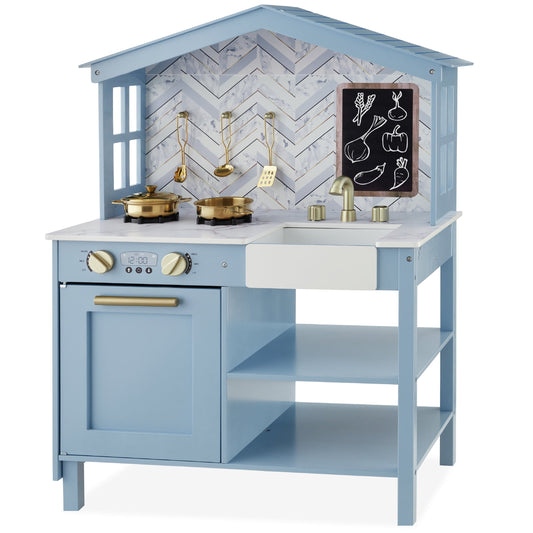 Farmhouse Play Kitchen Toy for Kids W/ Chalkboard, Storage Shelves, 5 Accessories - Beveled Blue