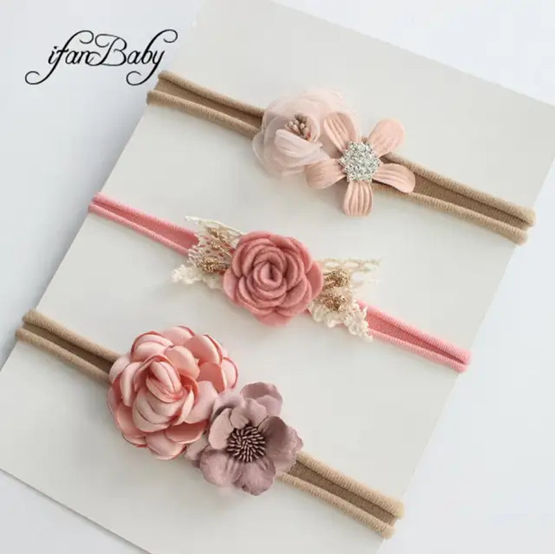 Boutique Kids Girl Flower Headband Nylon Headband Elastic Strench Headwear 3Pcs a Set