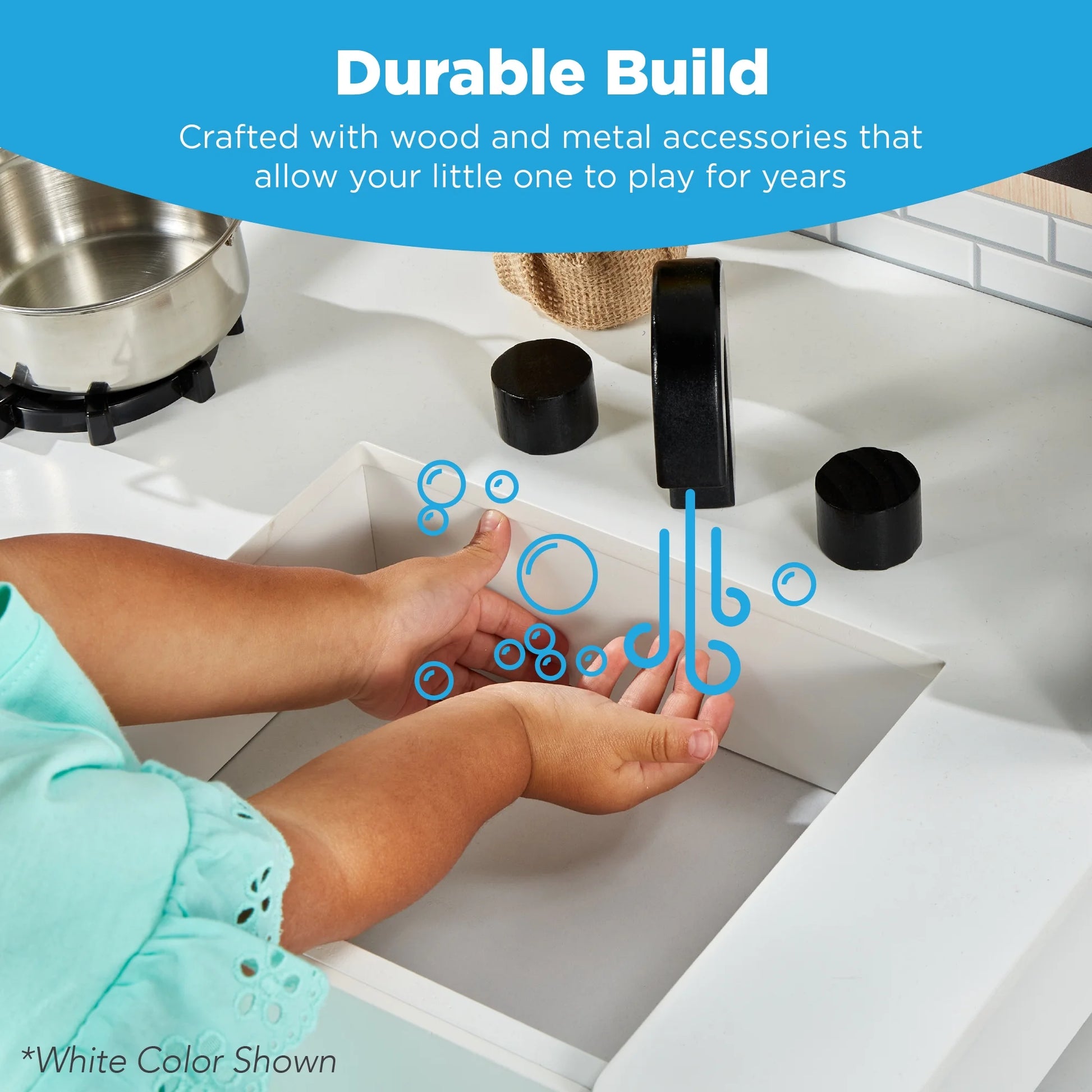 Farmhouse Play Kitchen Toy for Kids W/ Chalkboard, Storage Shelves, 5 Accessories - Beveled Blue