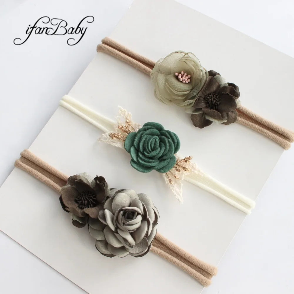 Boutique Kids Girl Flower Headband Nylon Headband Elastic Strench Headwear 3Pcs a Set