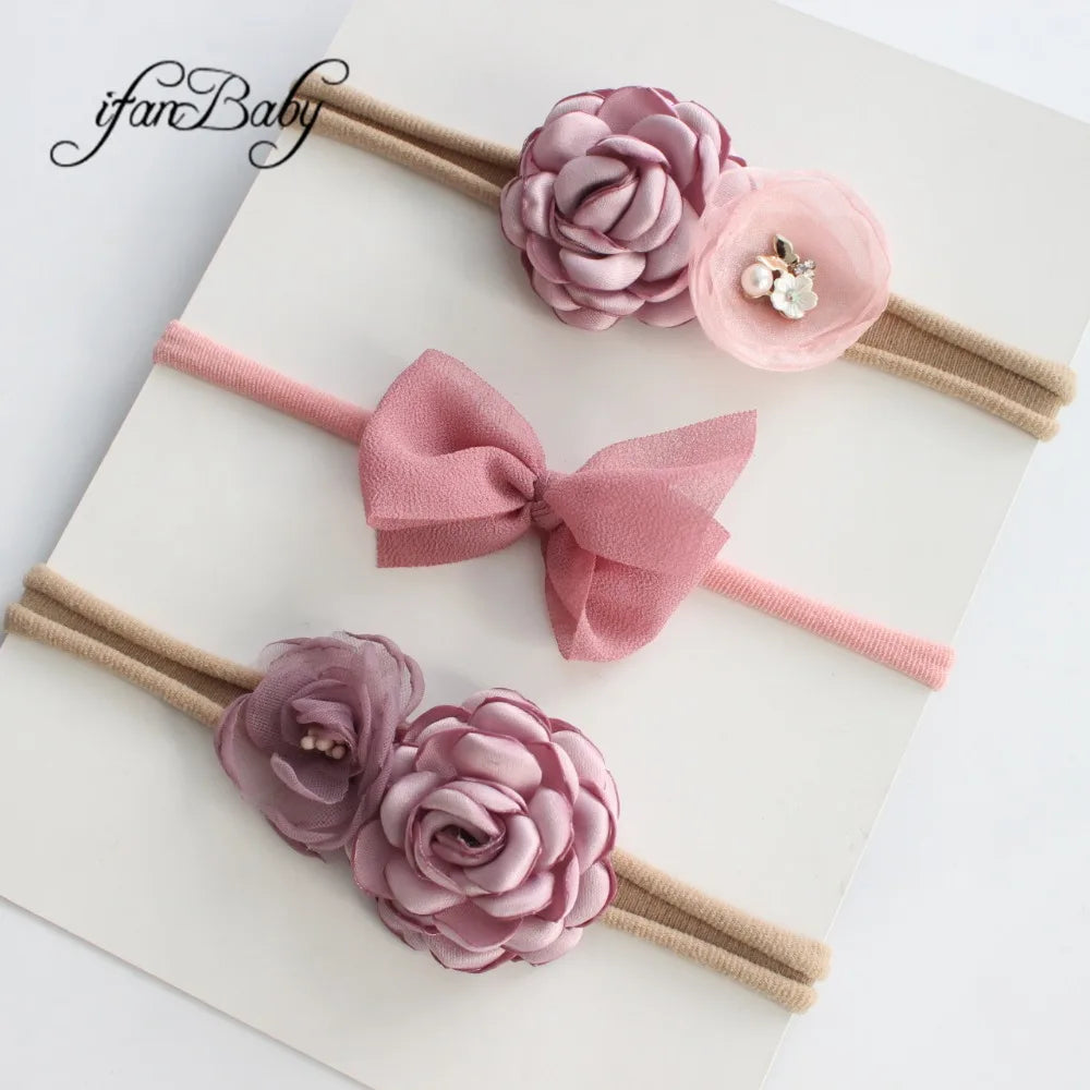 Boutique Kids Girl Flower Headband Nylon Headband Elastic Strench Headwear 3Pcs a Set