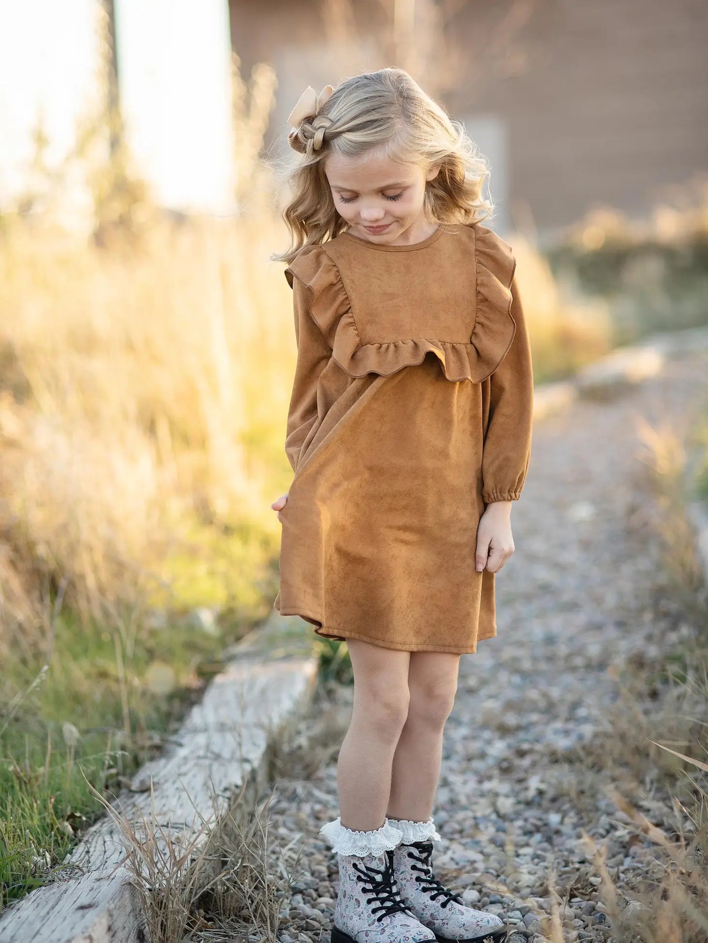 Kids Carmel Faux Suede Long Sleeve Ruffle Fall Dress