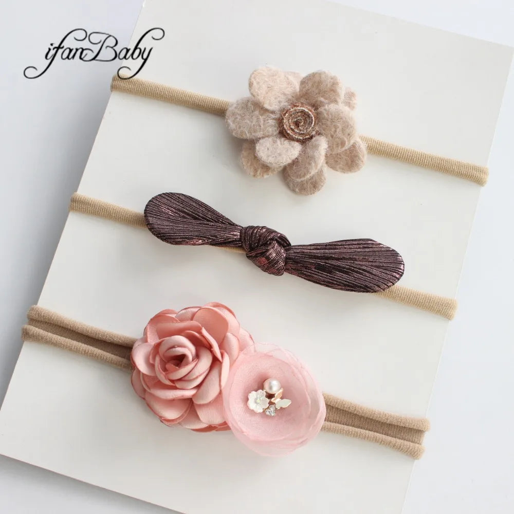 Boutique Kids Girl Flower Headband Nylon Headband Elastic Strench Headwear 3Pcs a Set