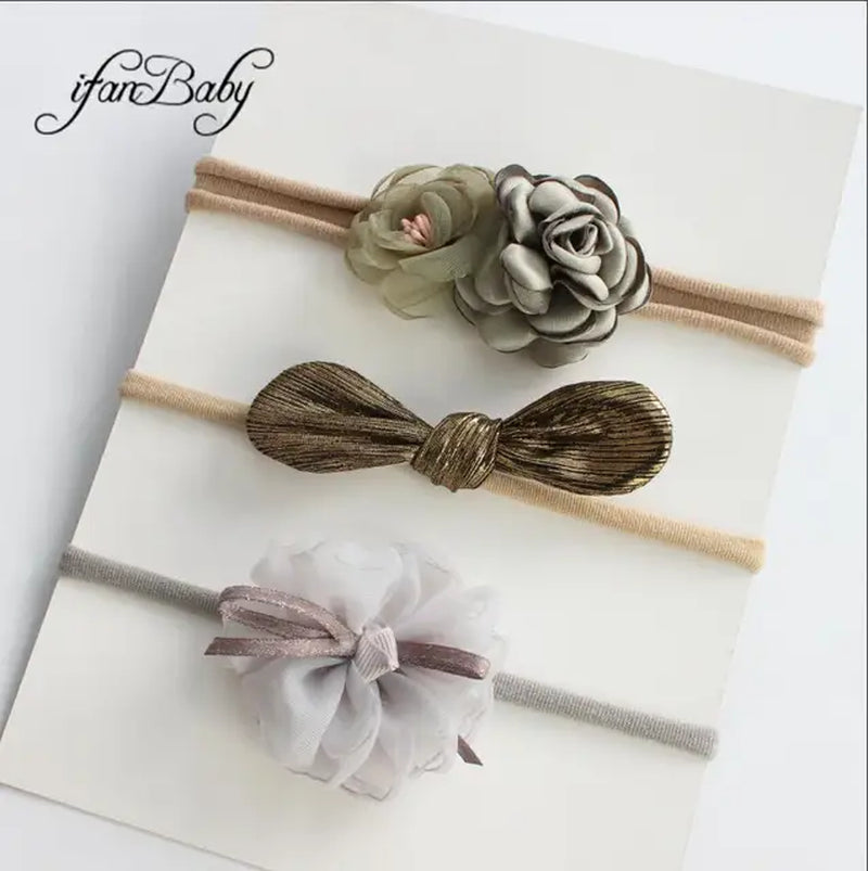 Boutique Kids Girl Flower Headband Nylon Headband Elastic Strench Headwear 3Pcs a Set