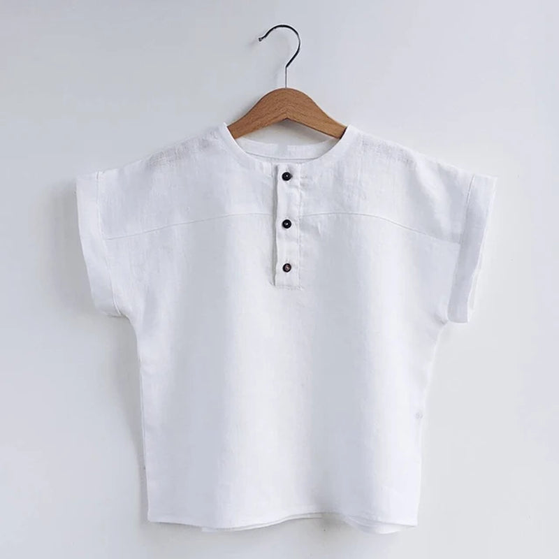 Boys Cotton and Linen Striped Casual T-Shirt 2024 Summer New Children'S round Neck Buttons Short-Sleeved Linen Tops TZ417
