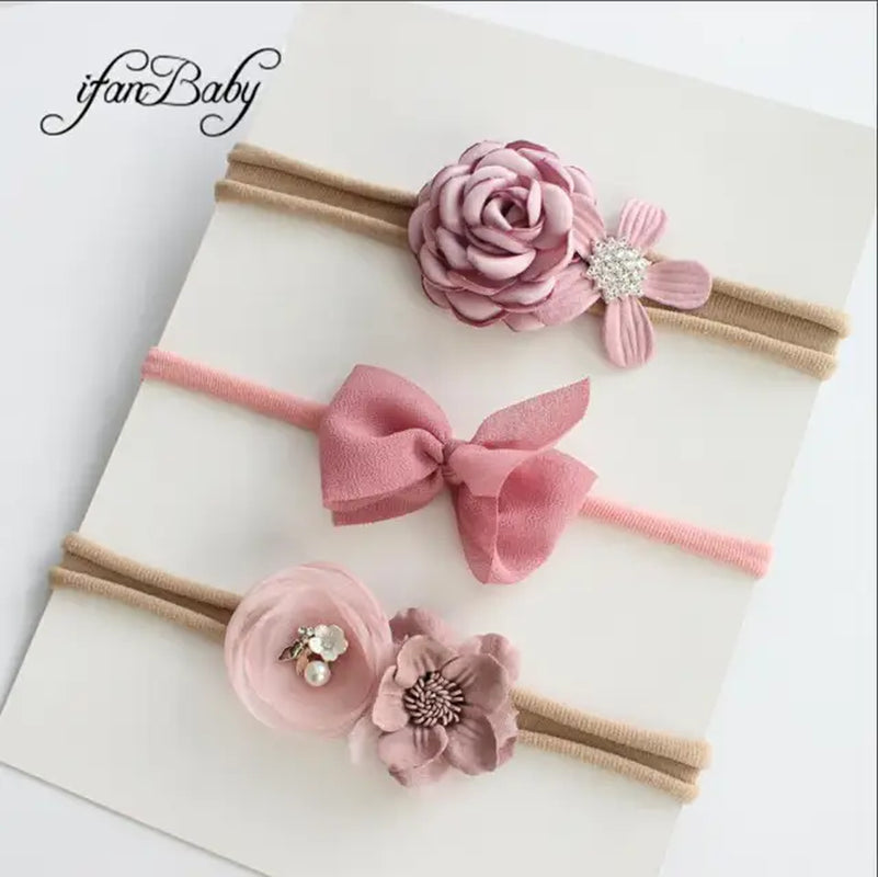 Boutique Kids Girl Flower Headband Nylon Headband Elastic Strench Headwear 3Pcs a Set
