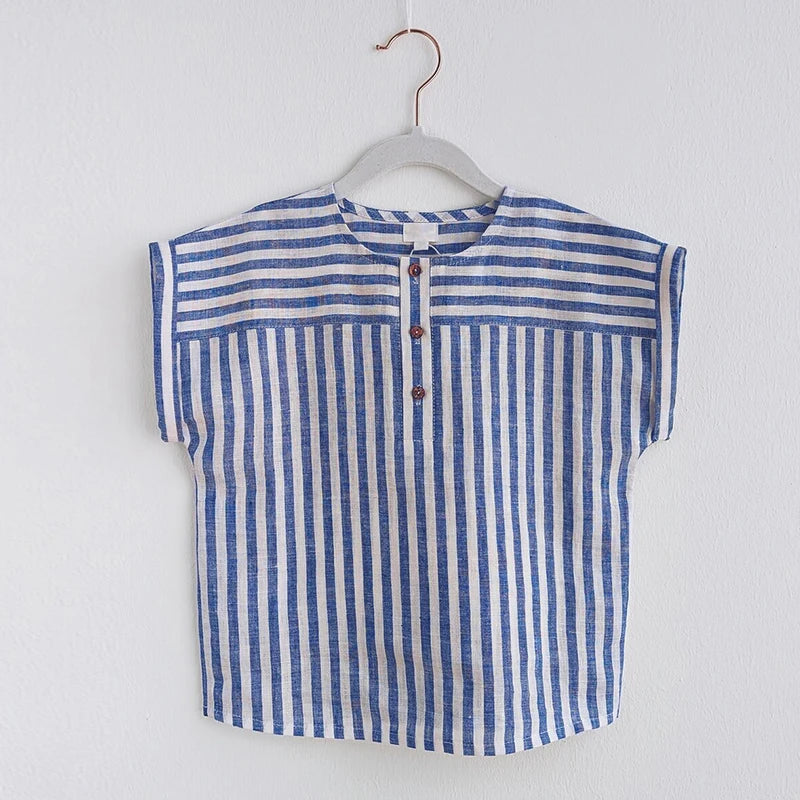 Boys Cotton and Linen Striped Casual T-Shirt 2024 Summer New Children'S round Neck Buttons Short-Sleeved Linen Tops TZ417