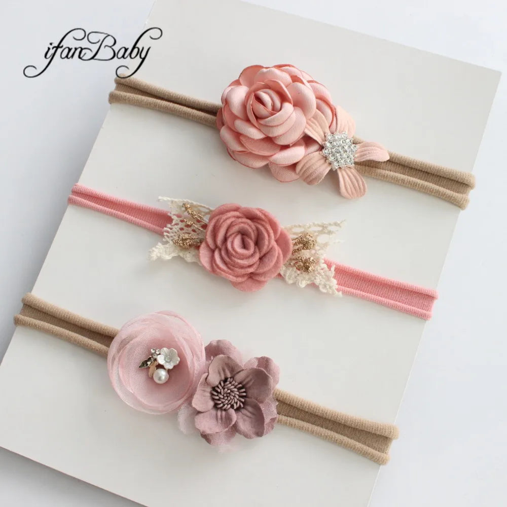 Boutique Kids Girl Flower Headband Nylon Headband Elastic Strench Headwear 3Pcs a Set