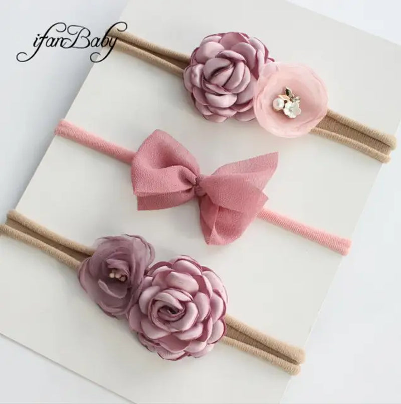 Boutique Kids Girl Flower Headband Nylon Headband Elastic Strench Headwear 3Pcs a Set