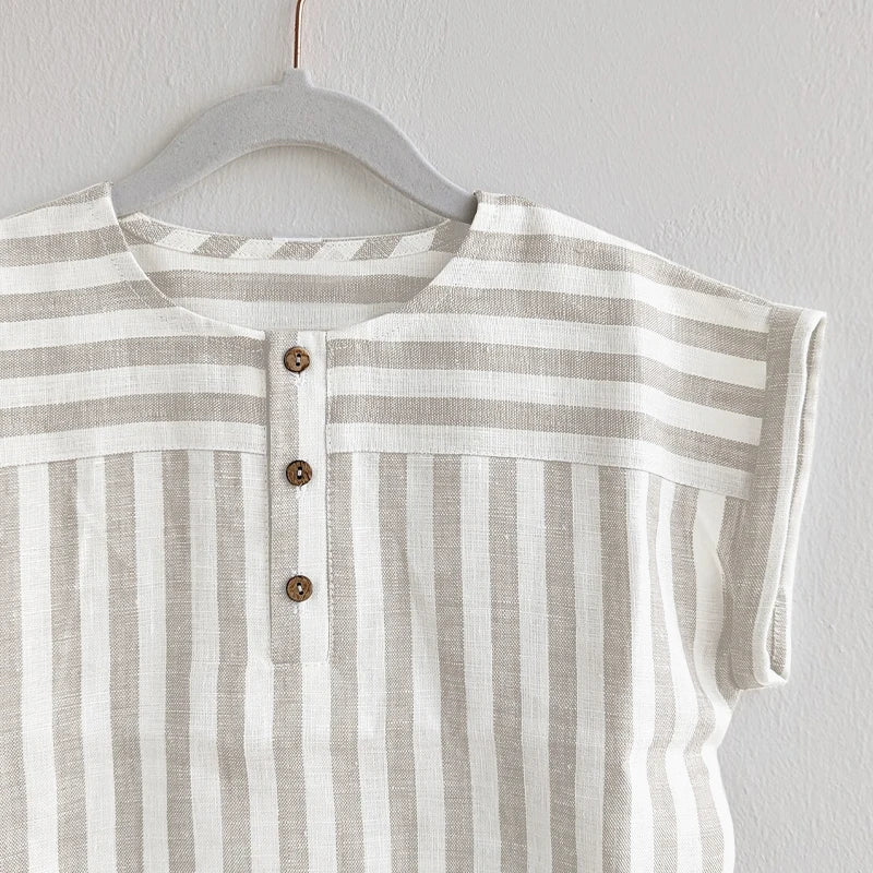 Boys Cotton and Linen Striped Casual T-Shirt 2024 Summer New Children'S round Neck Buttons Short-Sleeved Linen Tops TZ417