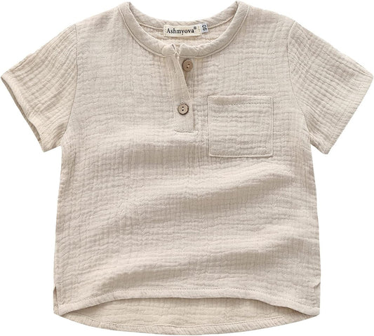 Boys Cotton Linen Shirt Toddler Boys Pocket Button Short Sleeve T Shirt Tees Tops