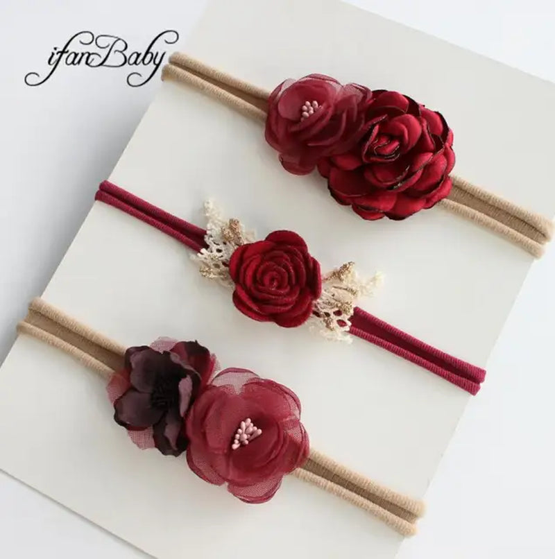 Boutique Kids Girl Flower Headband Nylon Headband Elastic Strench Headwear 3Pcs a Set