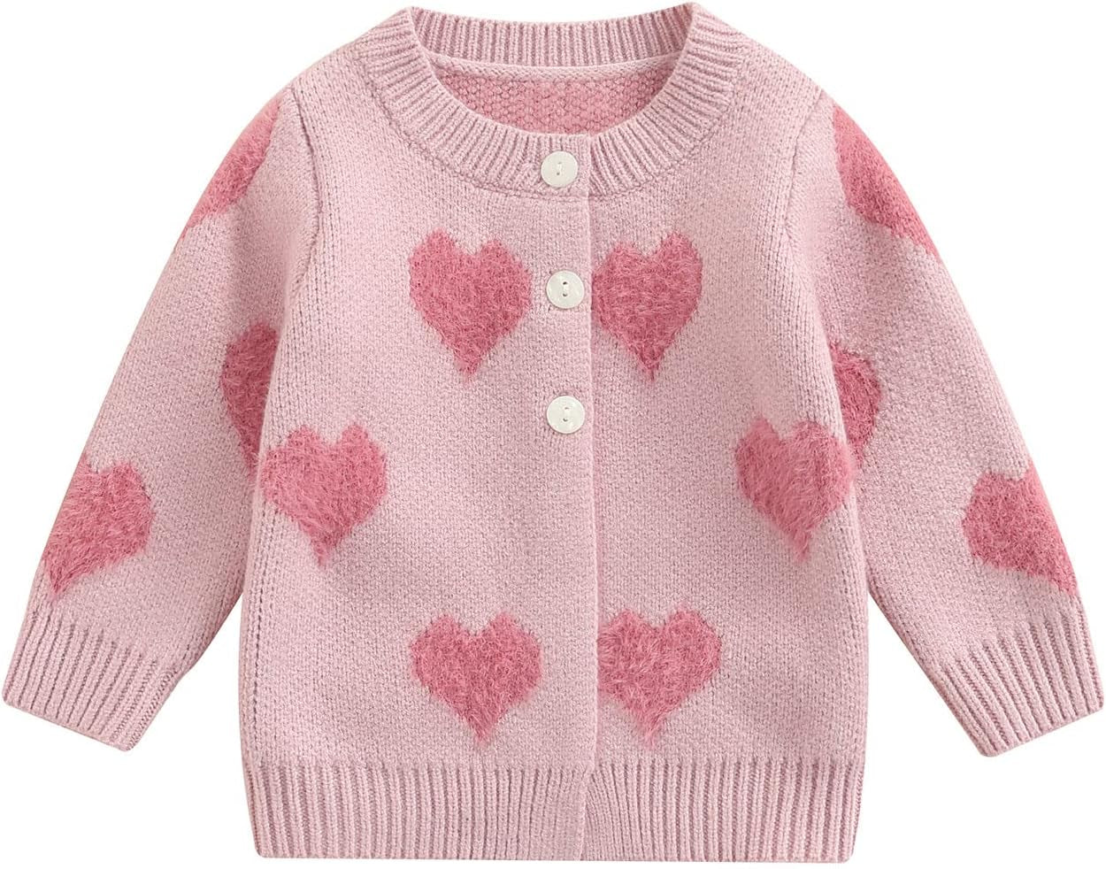 Toddler Baby Girls Winter Coat Pompom Button Knit Sweater Cardigan Kids Long Sleeve Warm Jacket Outerwear (Heart, 6-12 Months)