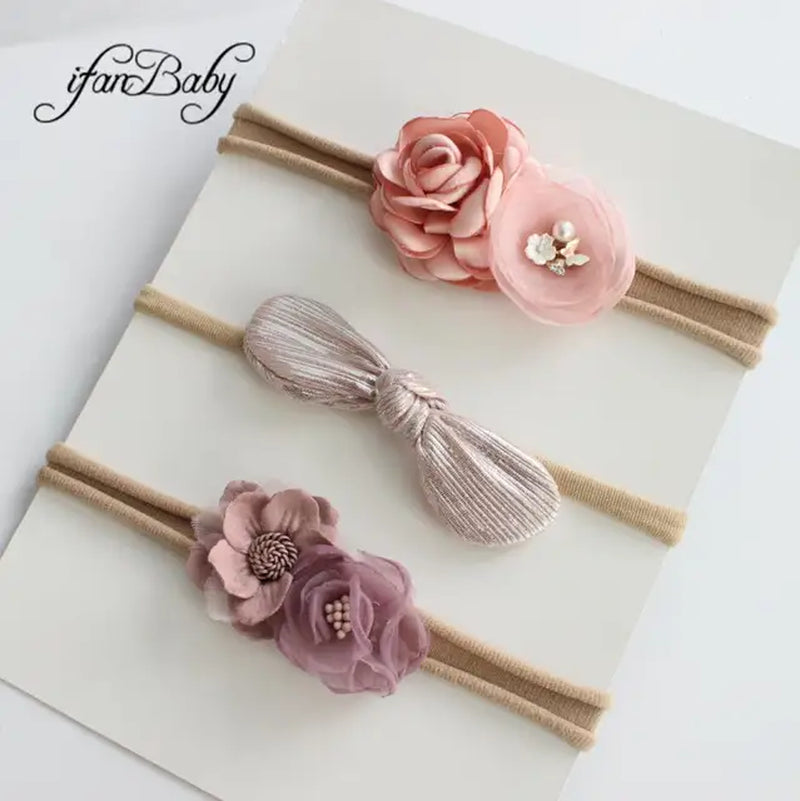 Boutique Kids Girl Flower Headband Nylon Headband Elastic Strench Headwear 3Pcs a Set