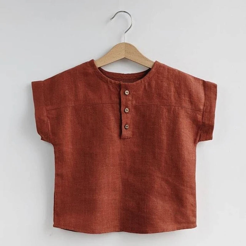 Boys Cotton and Linen Striped Casual T-Shirt 2024 Summer New Children'S round Neck Buttons Short-Sleeved Linen Tops TZ417
