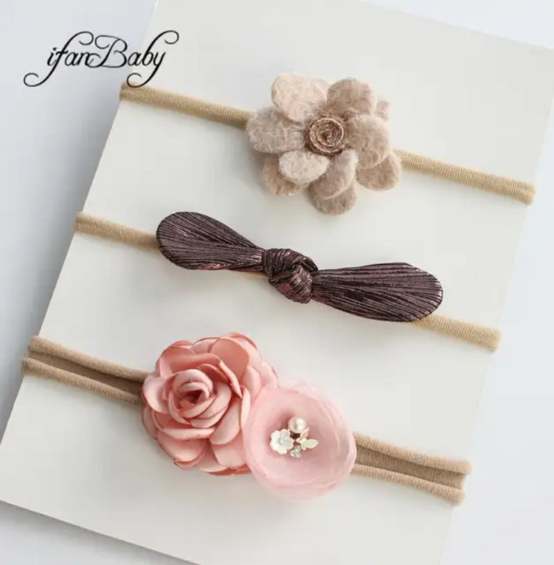 Boutique Kids Girl Flower Headband Nylon Headband Elastic Strench Headwear 3Pcs a Set