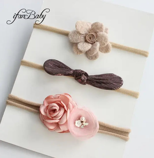 Boutique Kids Girl Flower Headband Nylon Headband Elastic Strench Headwear 3Pcs a Set
