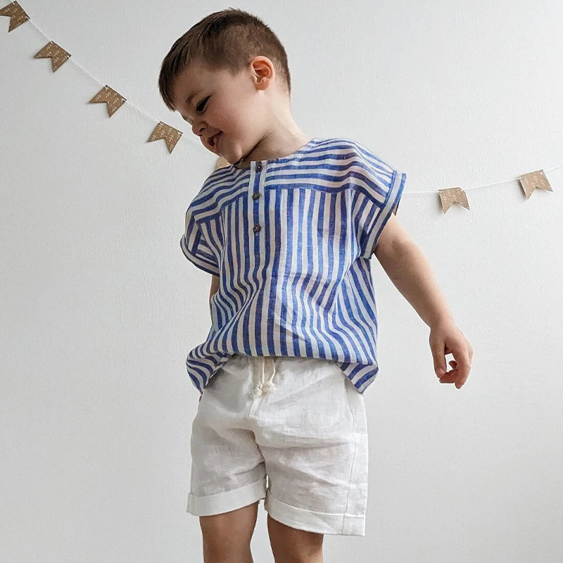 Boys Cotton and Linen Striped Casual T-Shirt 2024 Summer New Children'S round Neck Buttons Short-Sleeved Linen Tops TZ417