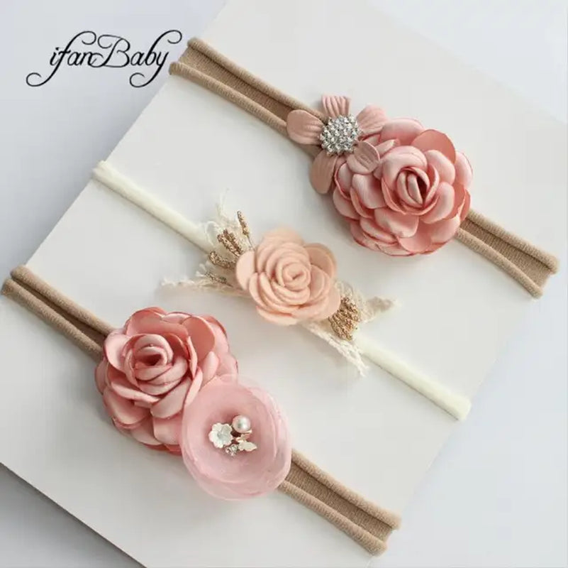 Boutique Kids Girl Flower Headband Nylon Headband Elastic Strench Headwear 3Pcs a Set