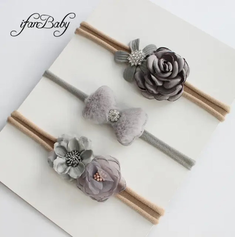 Boutique Kids Girl Flower Headband Nylon Headband Elastic Strench Headwear 3Pcs a Set