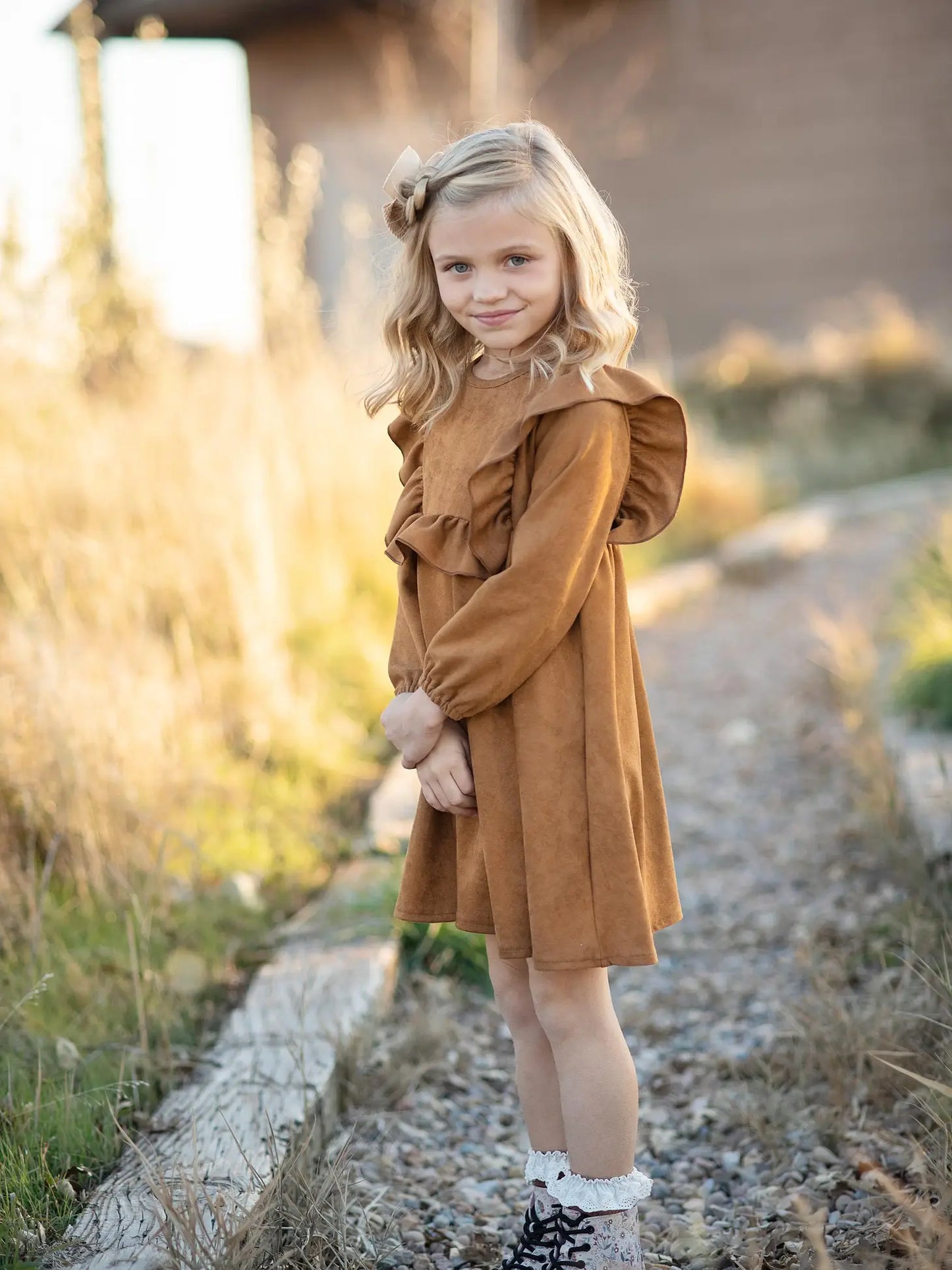 Kids Carmel Faux Suede Long Sleeve Ruffle Fall Dress