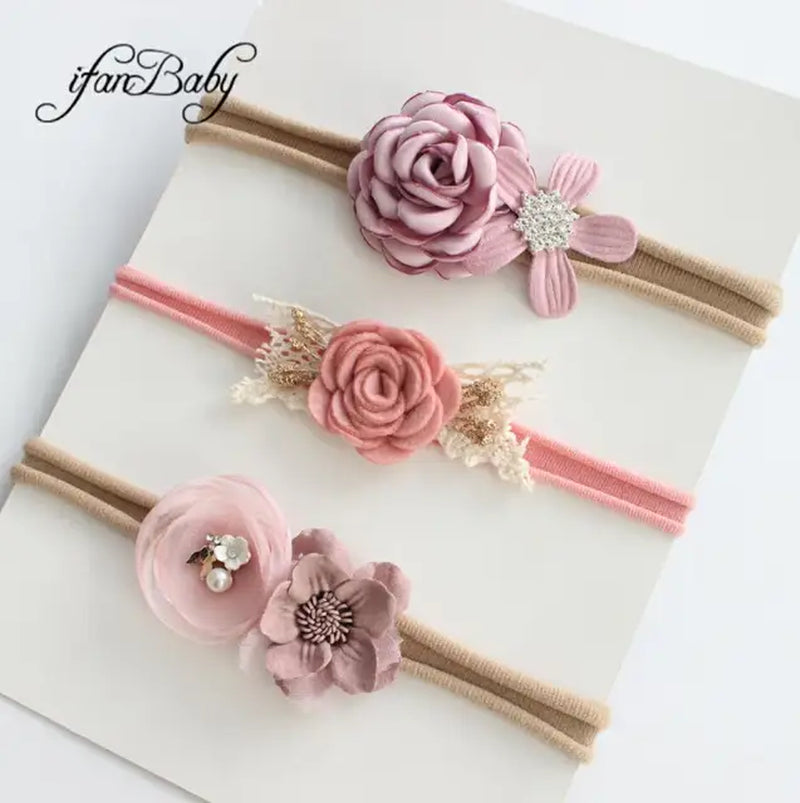 Boutique Kids Girl Flower Headband Nylon Headband Elastic Strench Headwear 3Pcs a Set