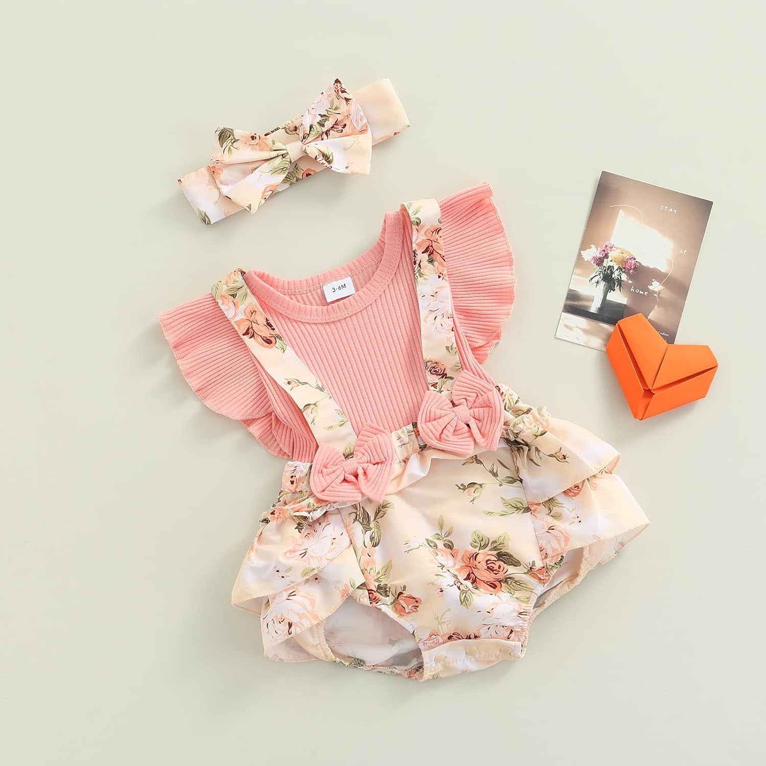 Infant Baby Girl Summer Clothes Baby Cotton Linen Romper Floral Bodysuit with Headband