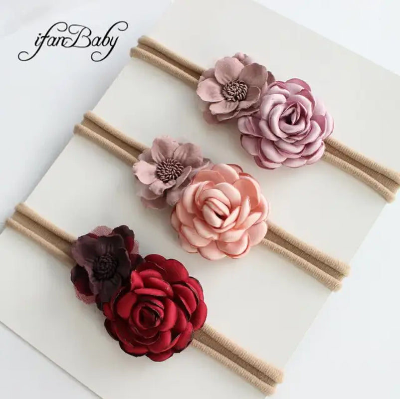 Boutique Kids Girl Flower Headband Nylon Headband Elastic Strench Headwear 3Pcs a Set