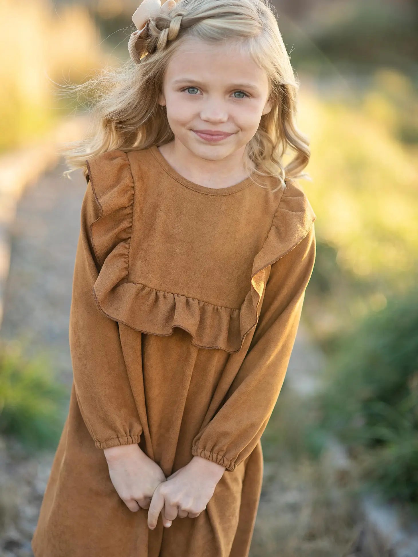 Kids Carmel Faux Suede Long Sleeve Ruffle Fall Dress